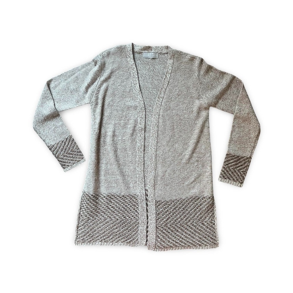 Carolyn Taylor Tan Marled Open Front Cardigan Sweater Chevron Trim Medium
